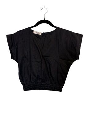 Aura Black Short-Sleeve Beach Crop Elastic-Hem Top sz XS